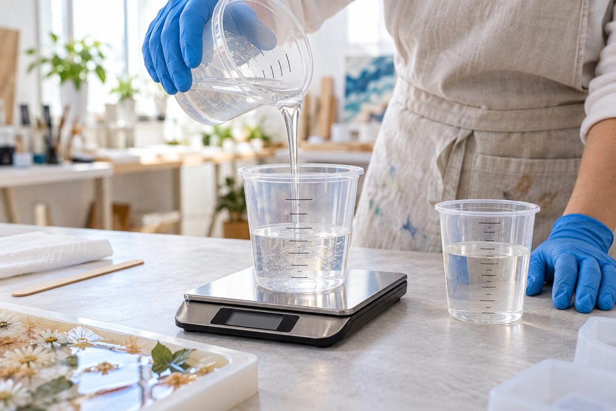 Mesure du ratio de mélange de la résine époxy dans des gobelets gradués