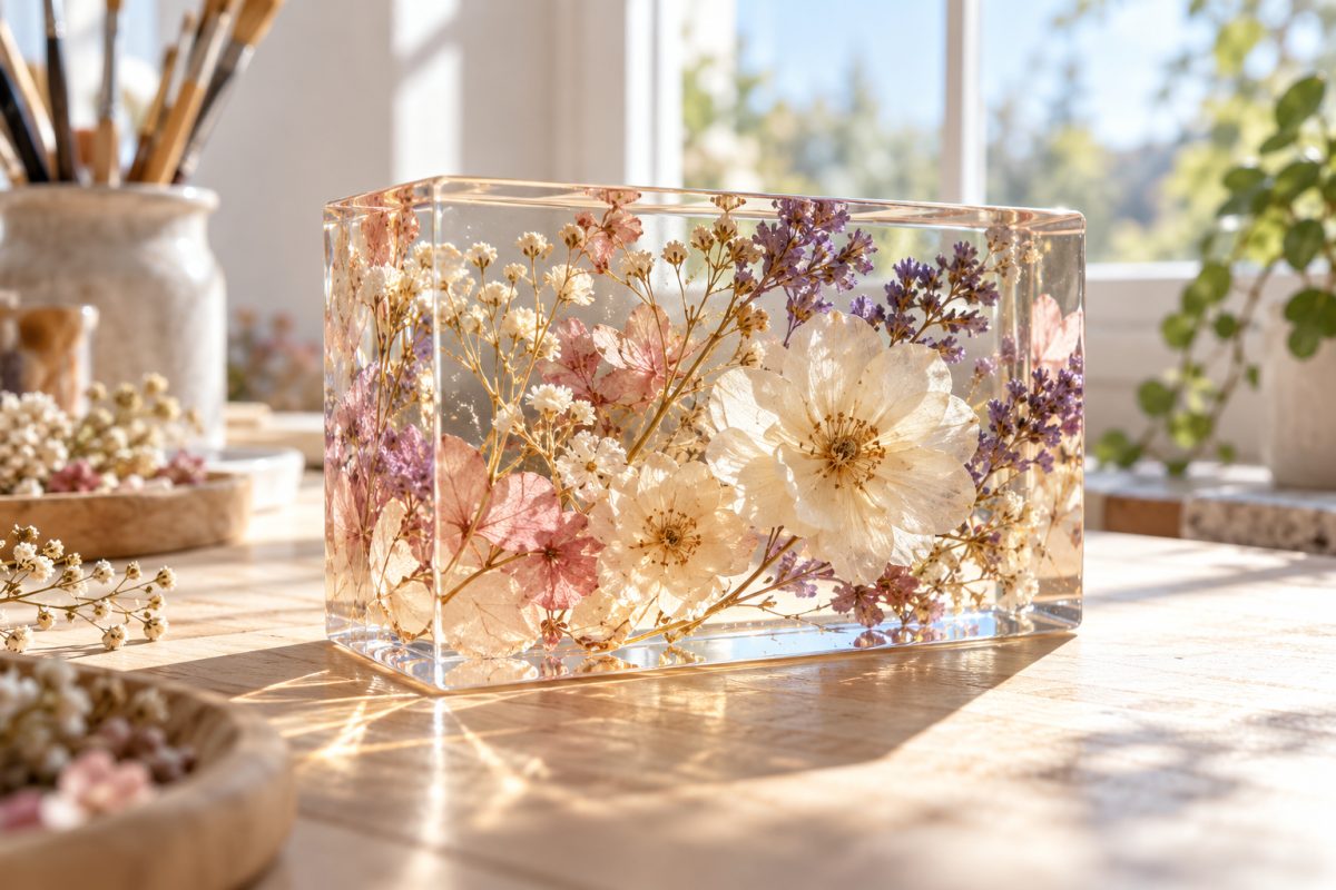 Pièce en résine époxy cristalline avec inclusions de fleurs