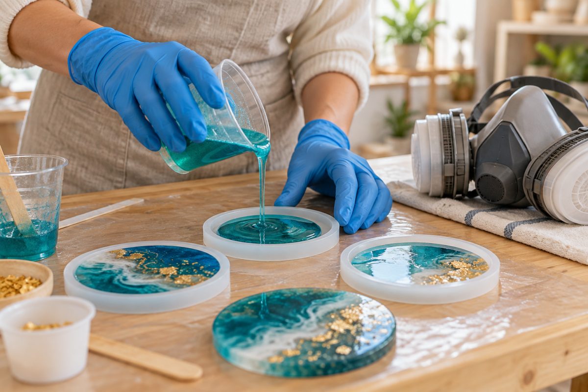 Création de sous-verres en résine avec protection respiratoire