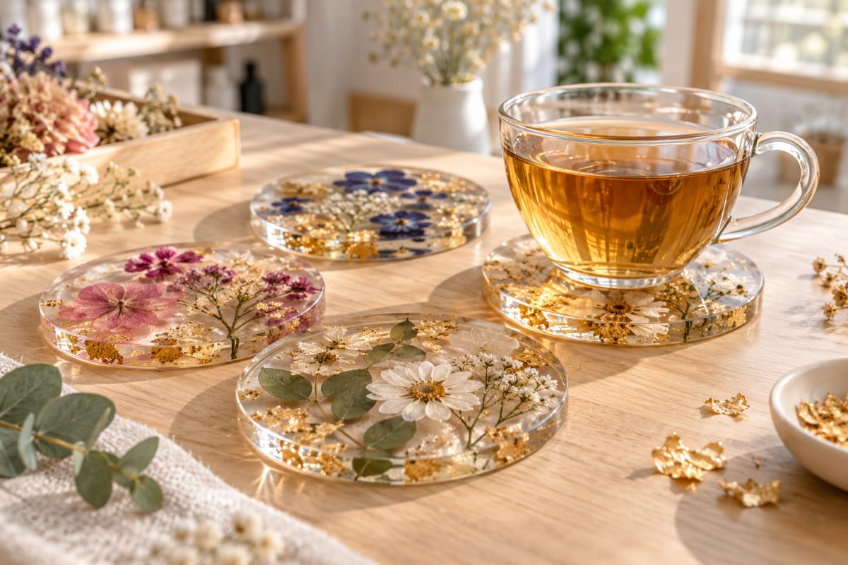 Sous-verres en résine époxy avec fleurs séchées