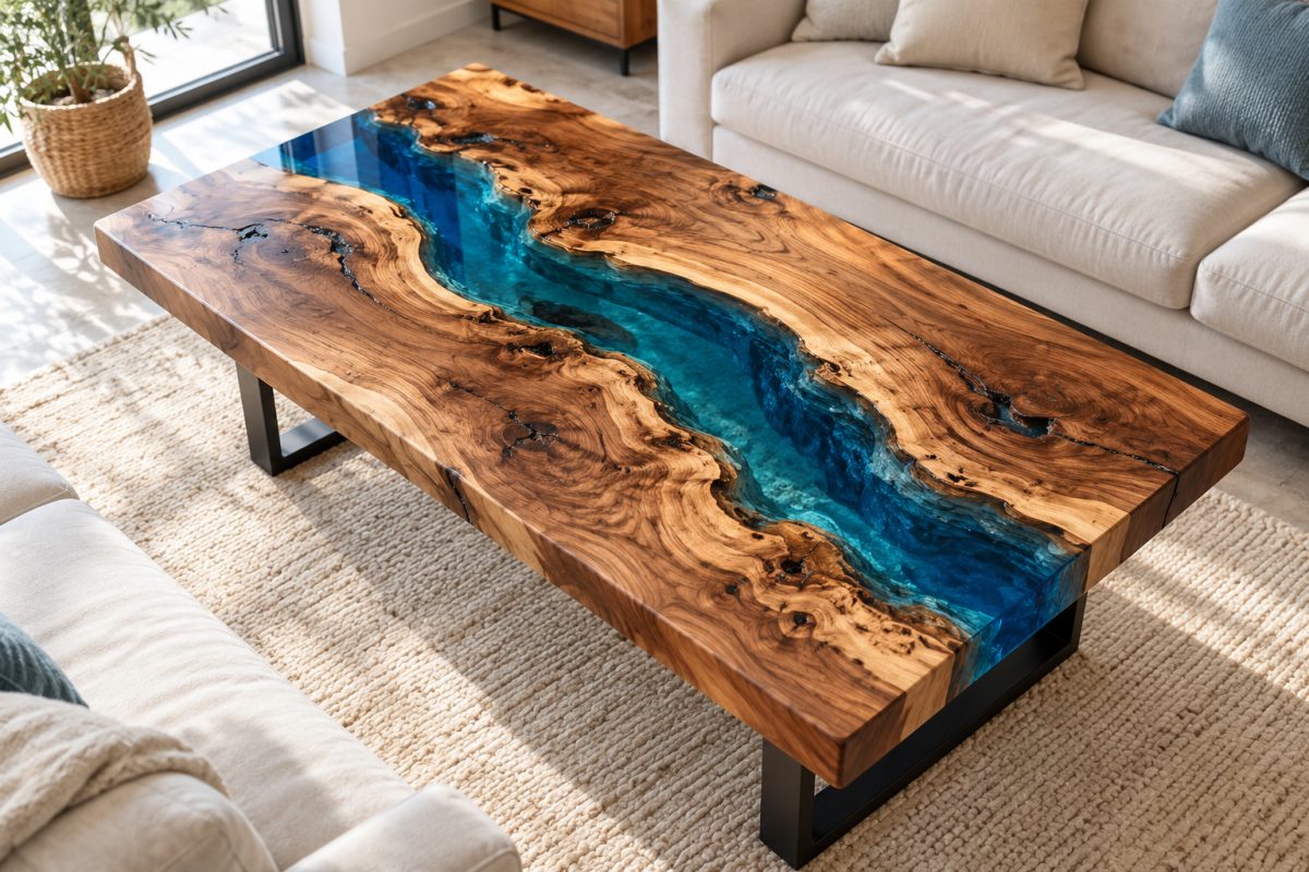 Table rivière en résine époxy de coulée et bois
