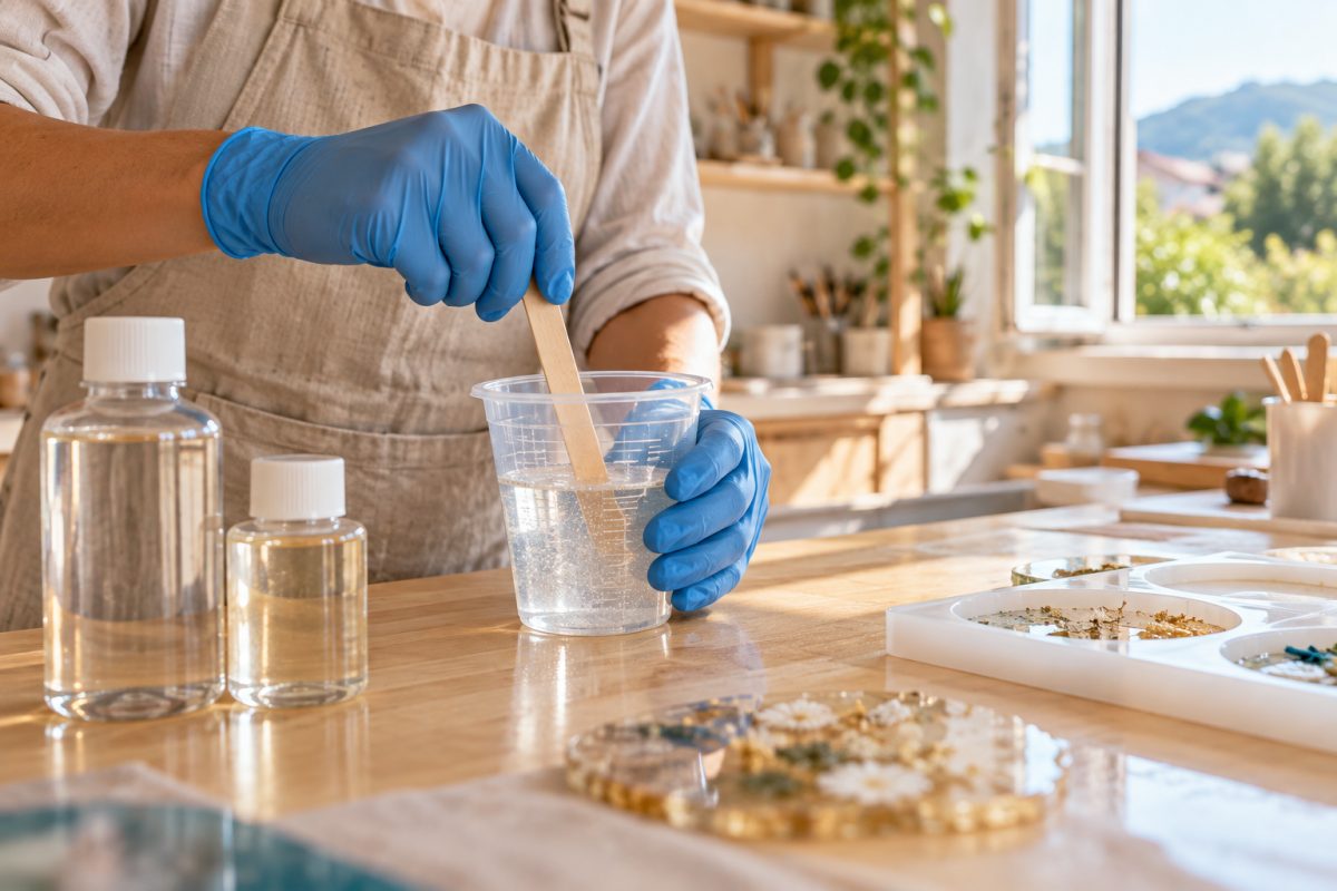 Mélange de résine époxy dans un atelier, moment où les vapeurs sont les plus présentes