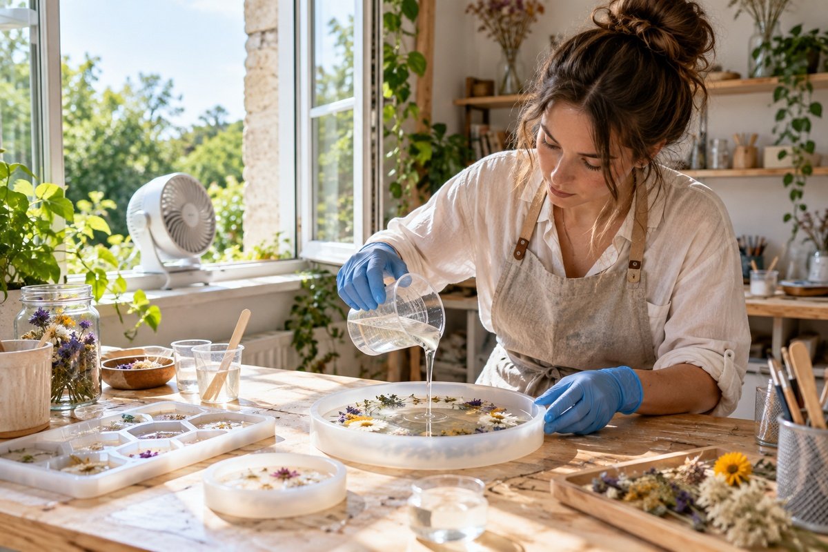 Atelier de résine aéré avec fenêtre ouverte et ventilateur