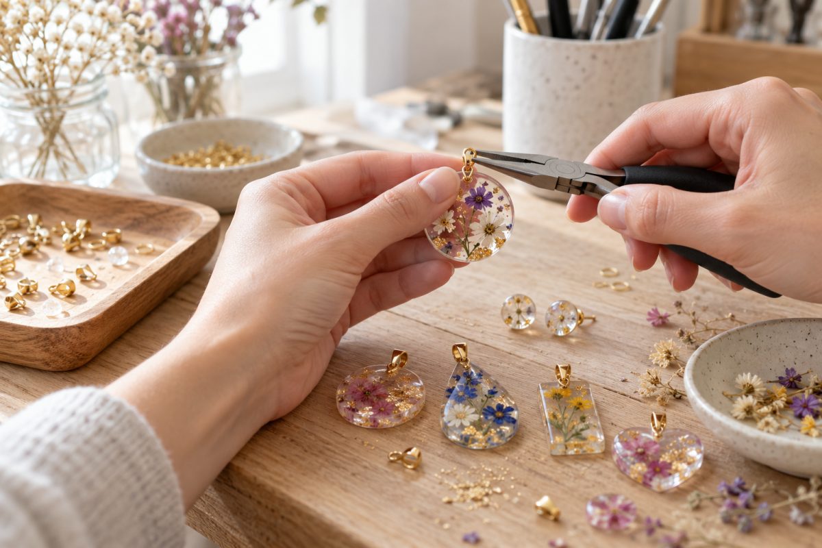 Pose d'apprêts sur des bijoux en résine