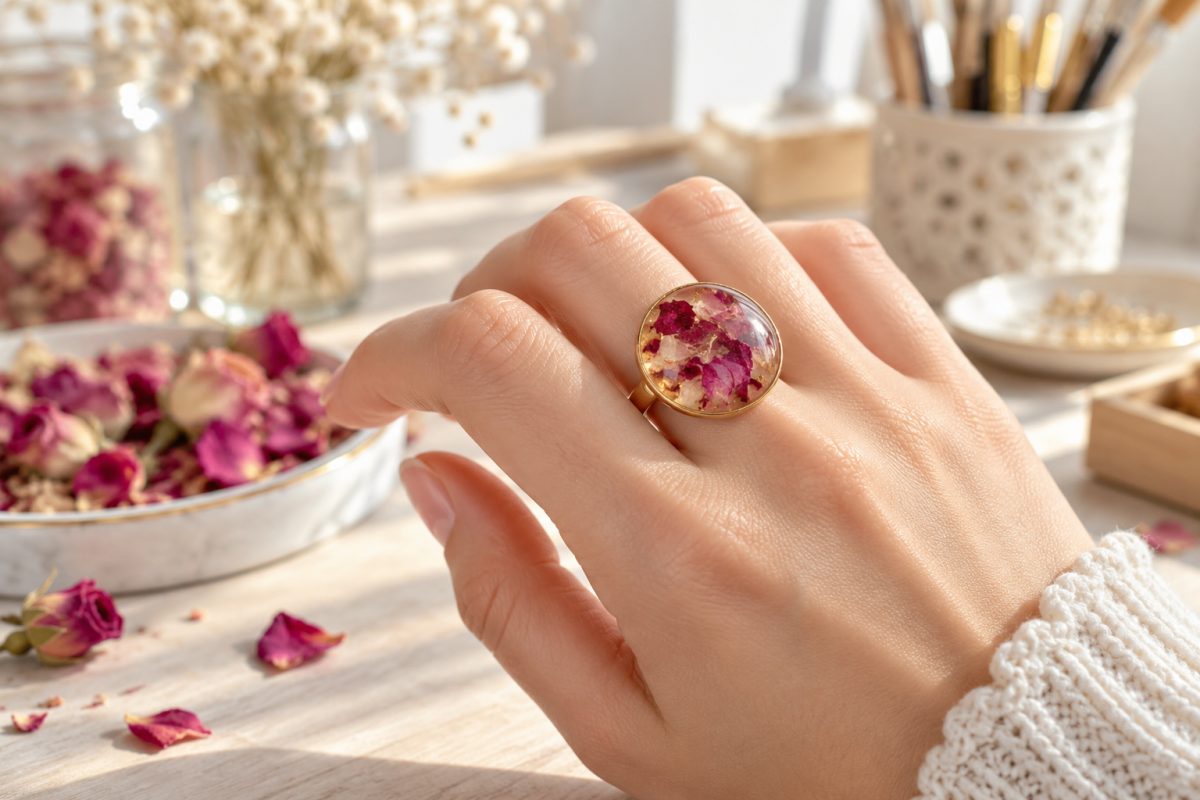 Bague en résine aux pétales