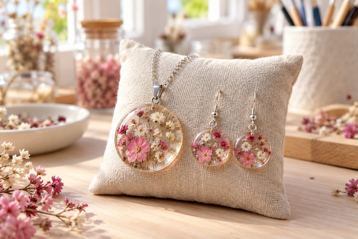 Bijoux en résine aux fleurs séchées