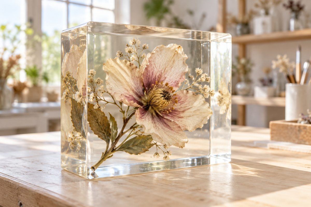 Bloc épais de résine transparente avec une fleur