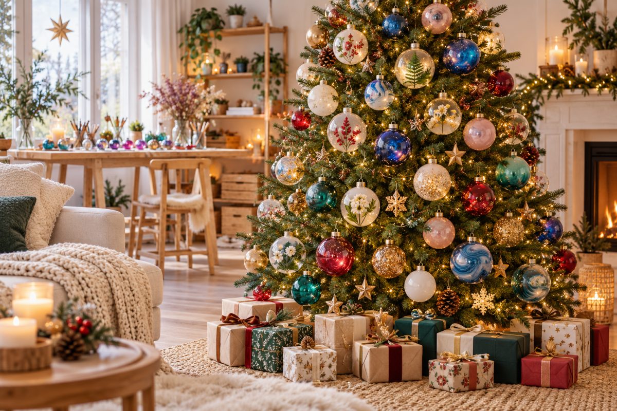 Boules de Noël en résine sur le sapin