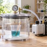 Cloche à vide pour la résine avec pompe et manomètre sur un établi