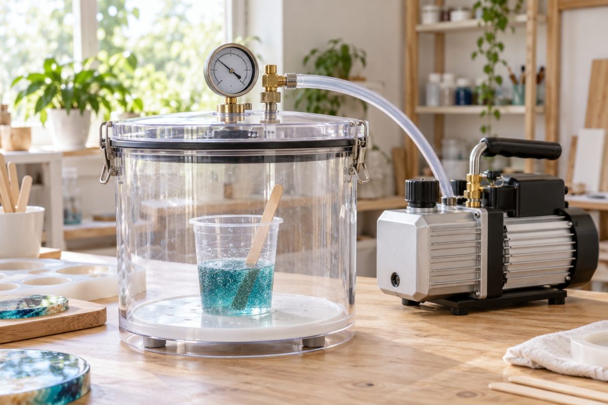 Cloche à vide pour la résine avec pompe et manomètre sur un établi