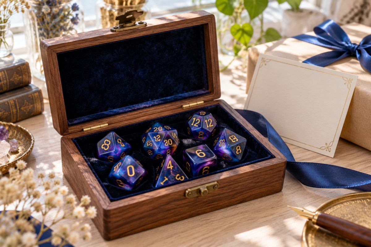 Coffret de dés en résine à offrir