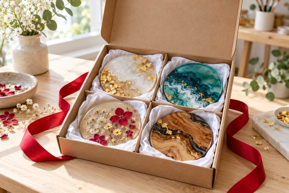 Coffret de sous-verres en résine à offrir