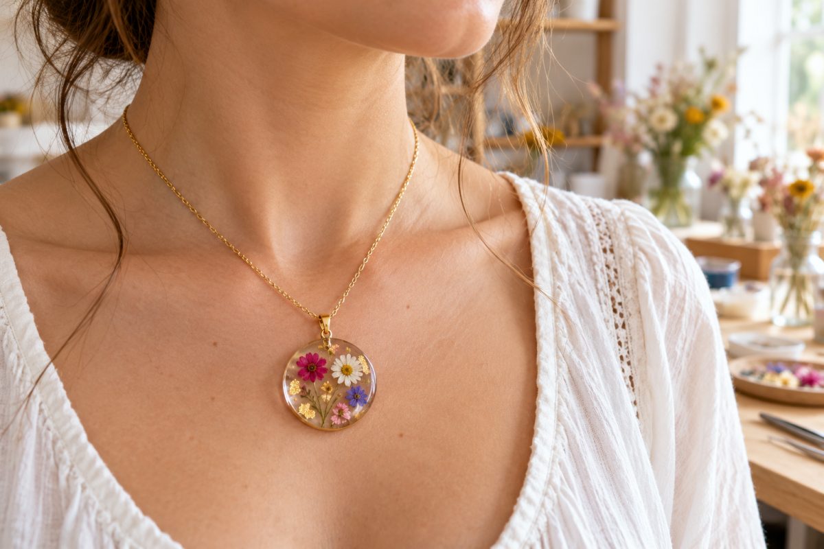 Pendentif en résine fleurs séchées