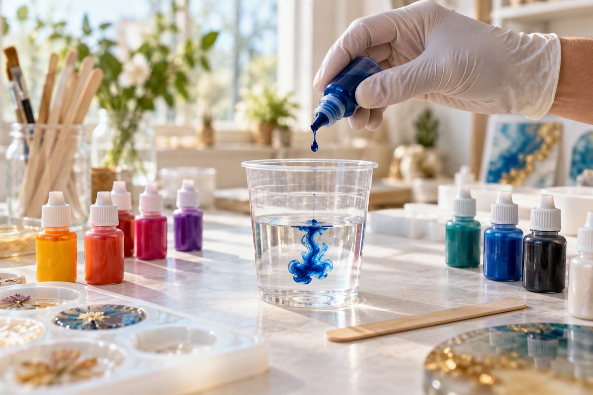 Colorant pour résine époxy versé goutte à goutte dans un gobelet