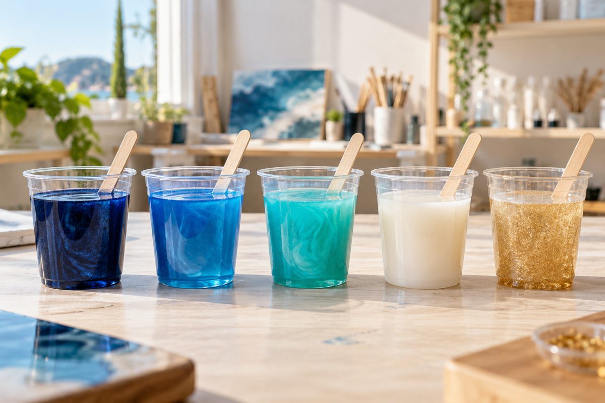Gobelets de résine colorée en bleu et blanc
