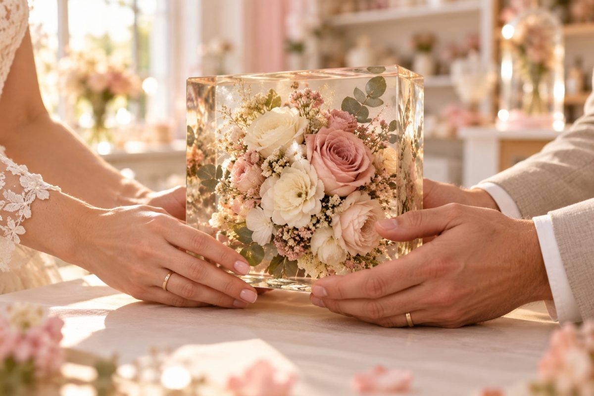 Couple avec son bouquet en résine