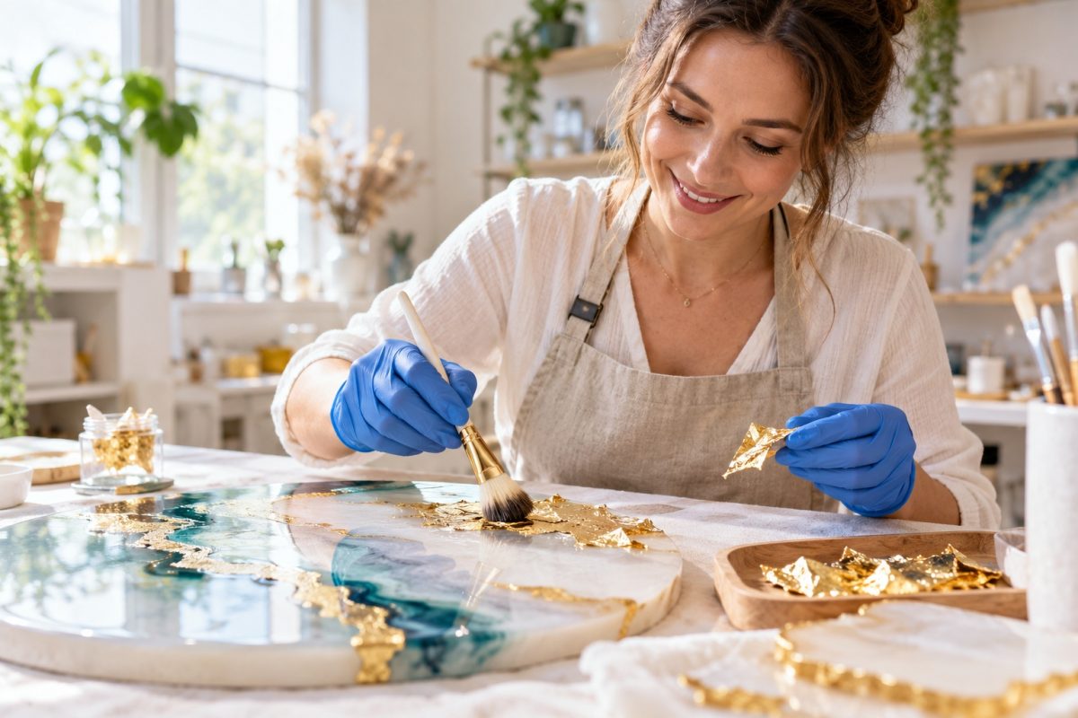 Créatrice appliquant de la feuille d'or