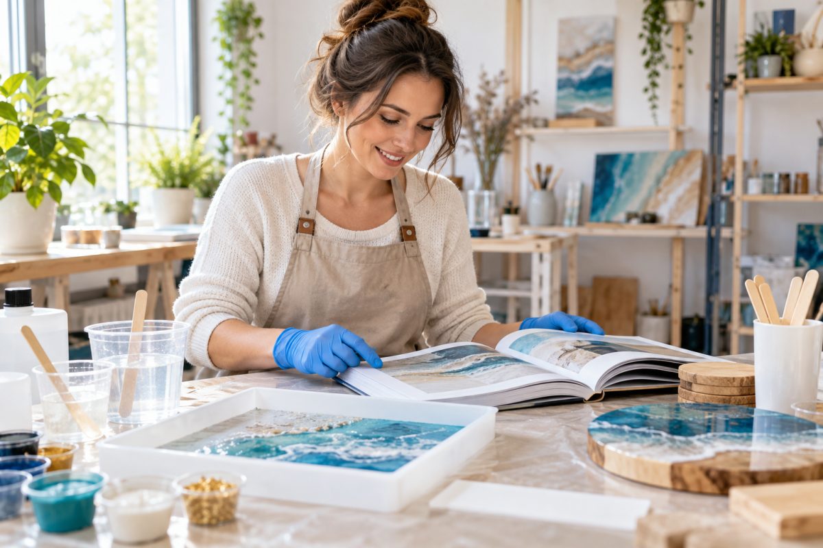 Créatrice suivant un livre de résine