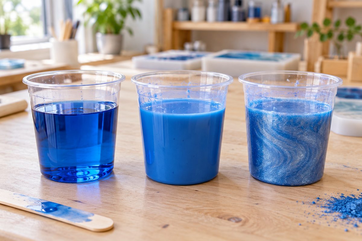Encre à alcool, pigment liquide et poudre de mica côte à côte