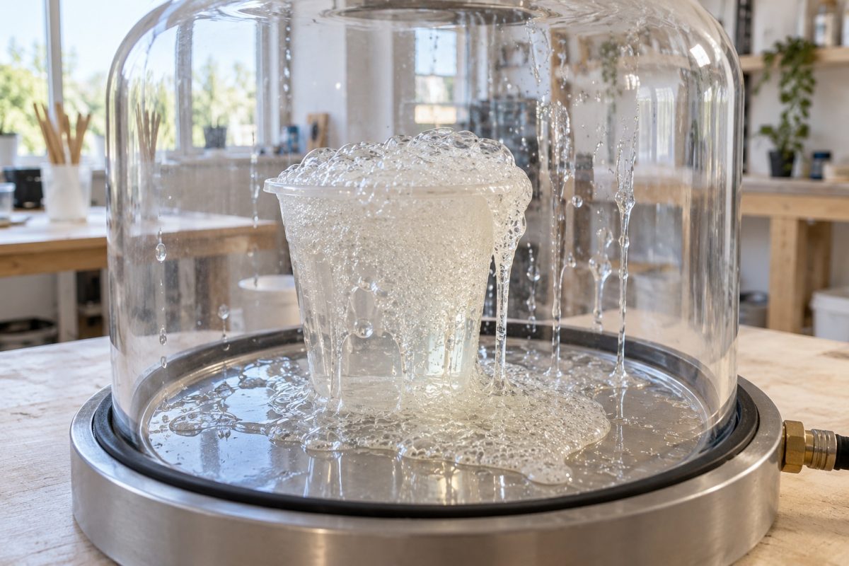 Résine qui déborde du gobelet dans une cloche à vide