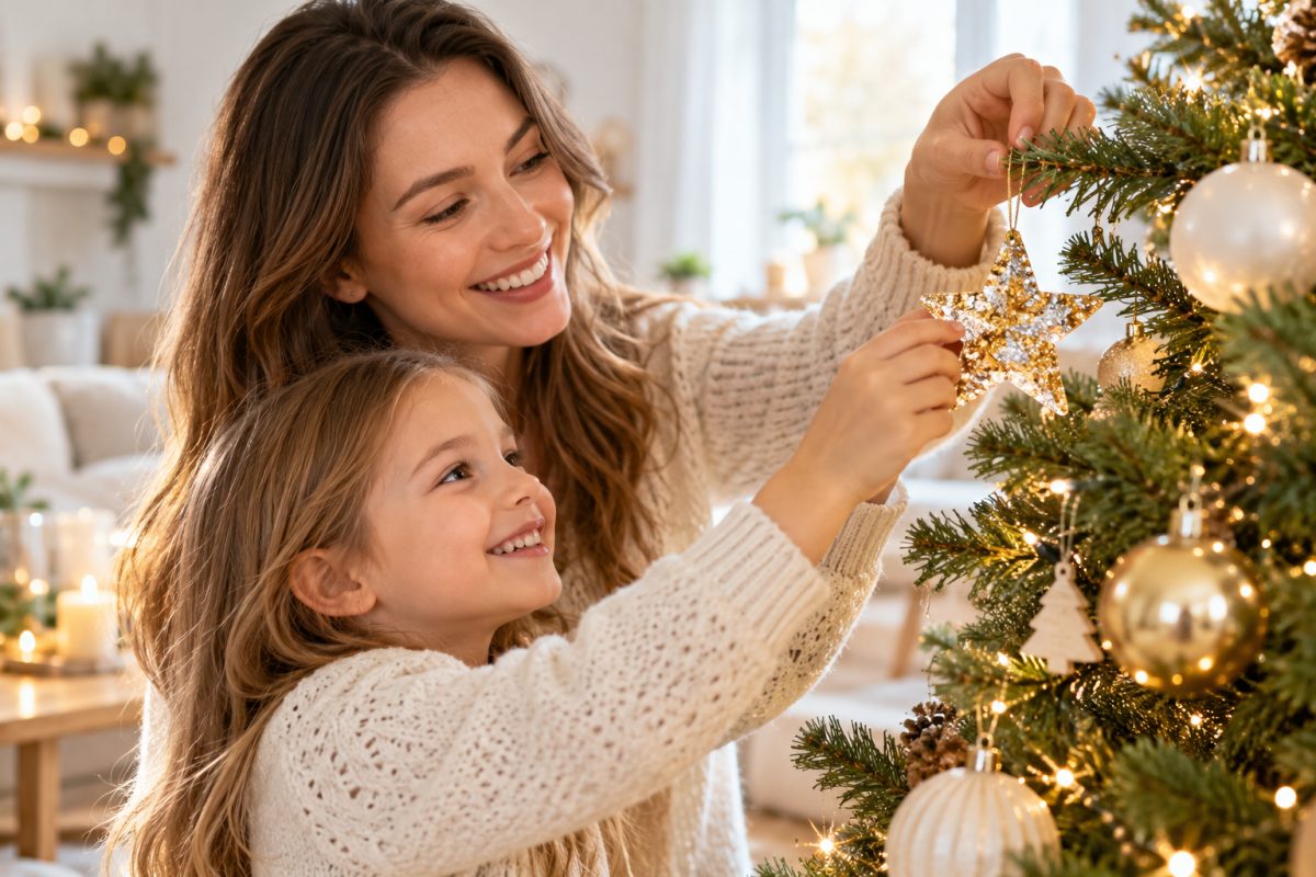 Famille accrochant des décorations en résine