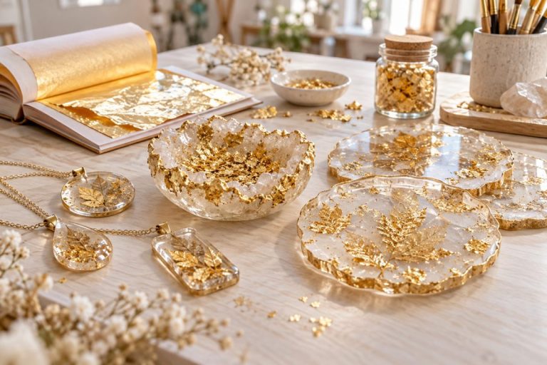 Feuille d'or pour résine : pendentifs, géode et sous-verres décorés de feuilles d'or