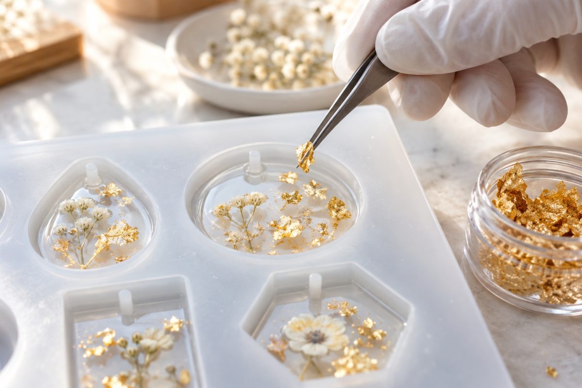 Flocons d'or dans un bijou en résine