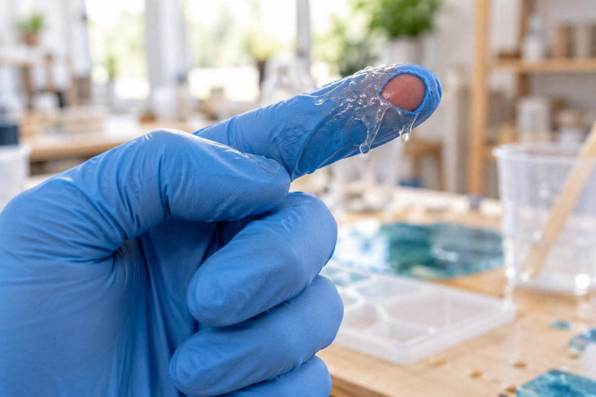 Gant nitrile déchiré avec de la résine
