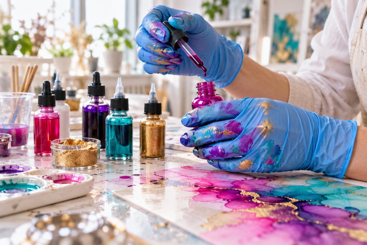 Gants nitrile tachés de pigments colorés