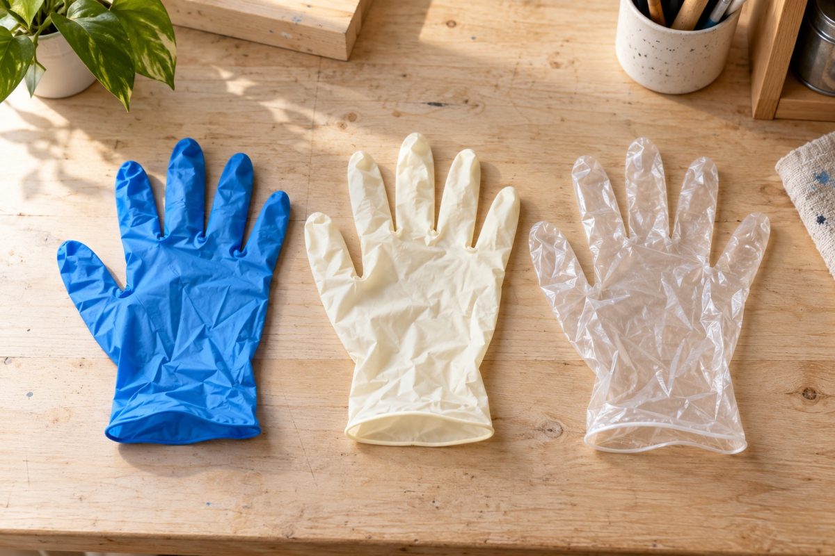 Gants nitrile, latex et vinyle côte à côte