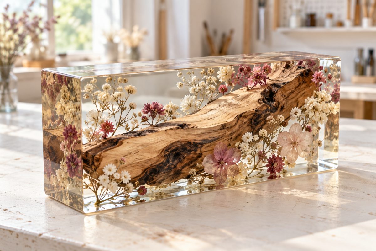 Pièce en résine avec inclusion de bois et fleurs séchées