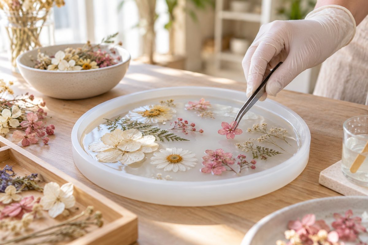 Fleurs séchées posées à la pince dans la résine