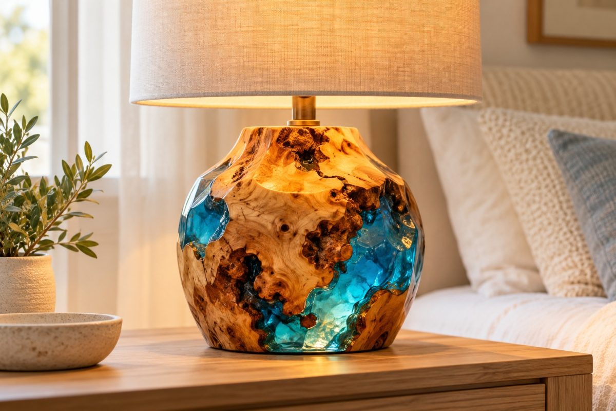 Lampe en bois et résine de coulée
