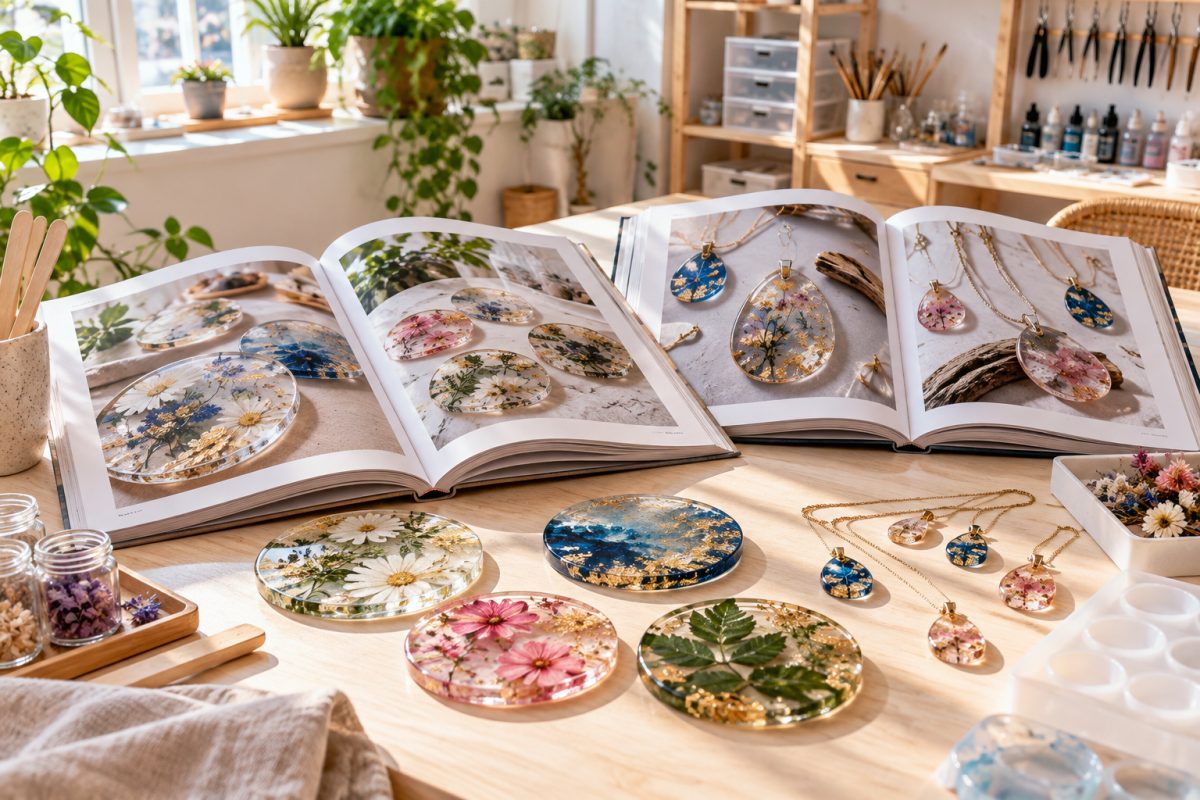 Livre résine époxy : livres ouverts et créations en résine sur une table d'atelier