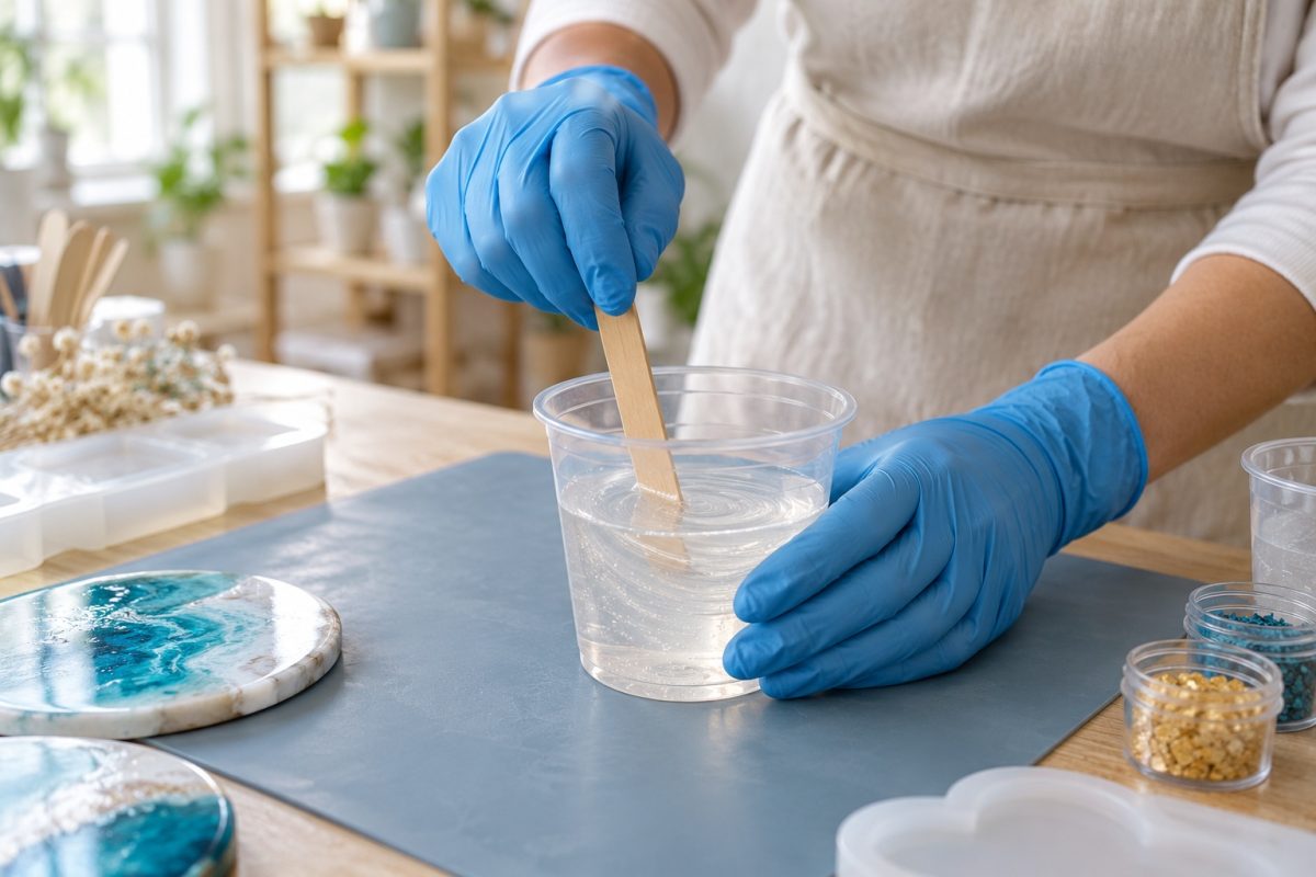Mains gantées de nitrile préparant de la résine