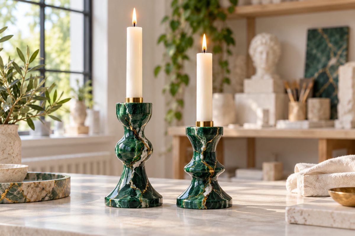 Bougeoirs effet marbre vert