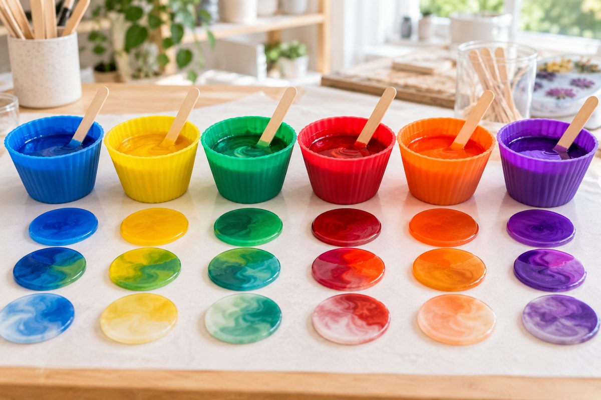 Mélange de couleurs de résine dans des petits gobelets