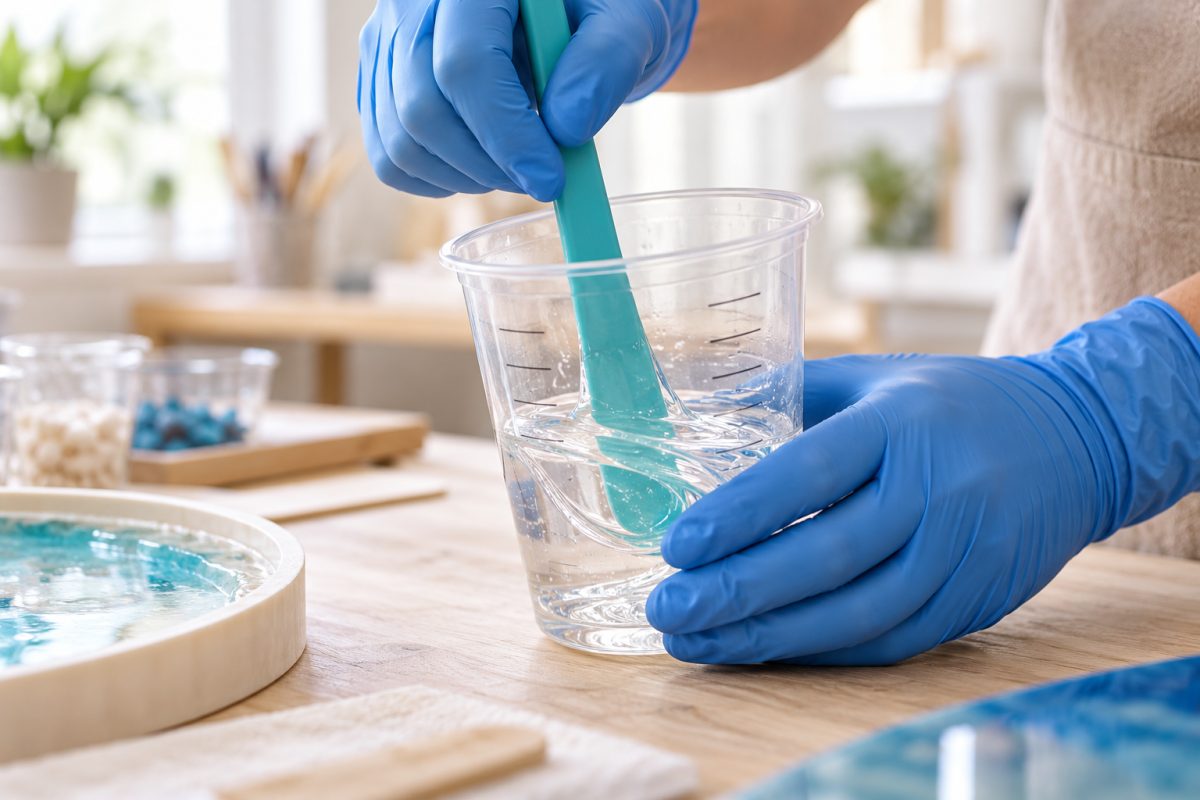 Mélange de la résine dans un gobelet avec un bâton en silicone