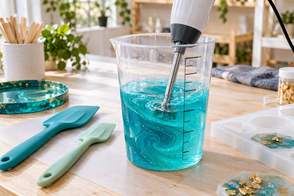Mélangeur pour résine : mini-mixeur électrique dans un gobelet de résine colorée