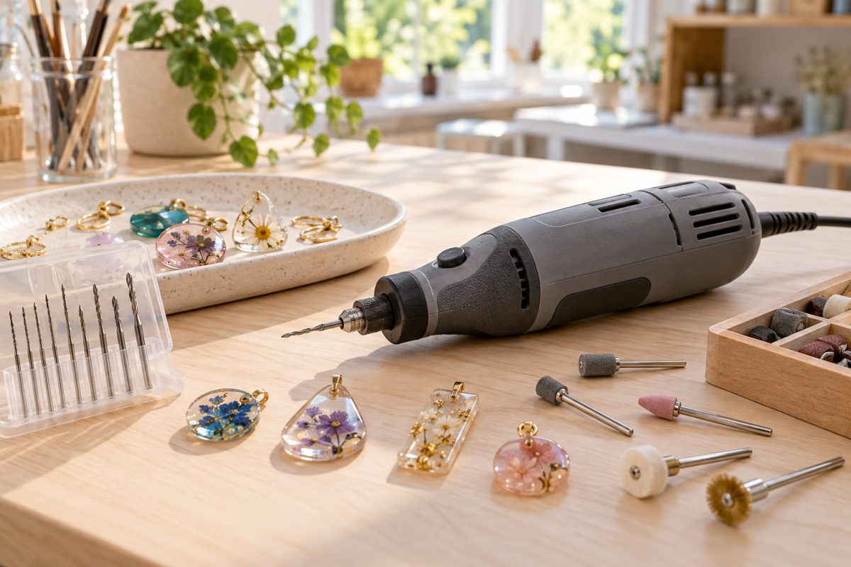 Mini perceuse pour résine : outil multifonction et pendentifs en résine sur l'établi