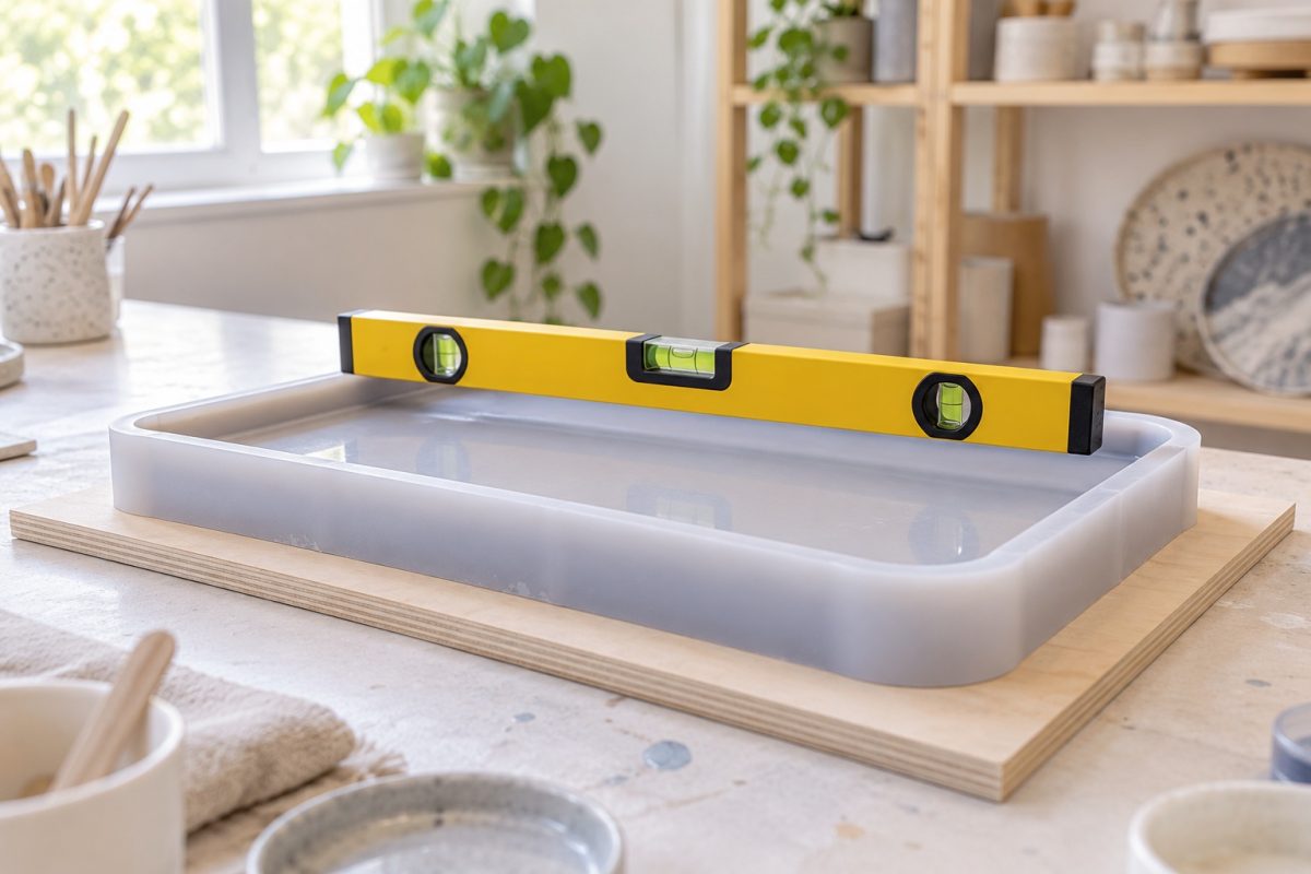 Moule à plateau posé sur une planche avec niveau à bulle