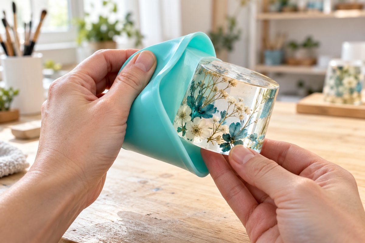 Résine durcie décollée d'un gobelet en silicone