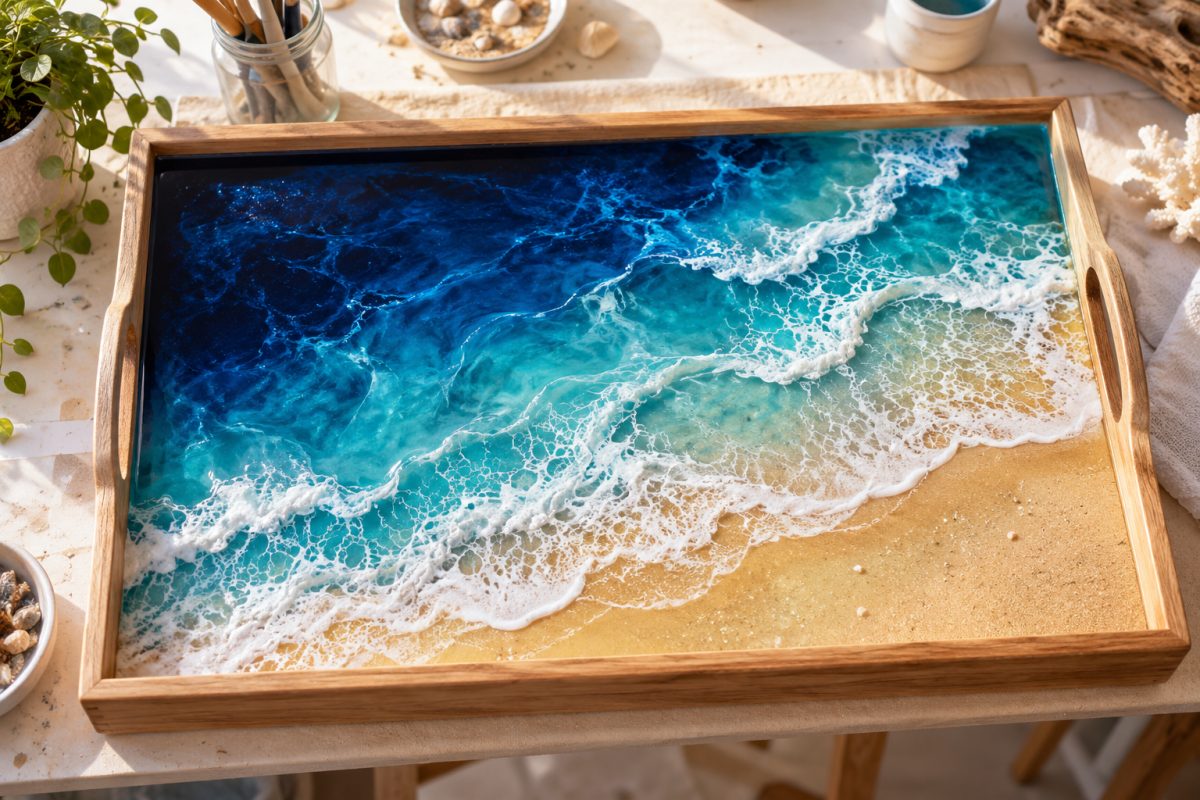 Ocean art en résine : vagues sur un plateau