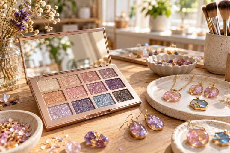 Palette d'ombres à paupières scintillantes et bijoux en résine nacrée