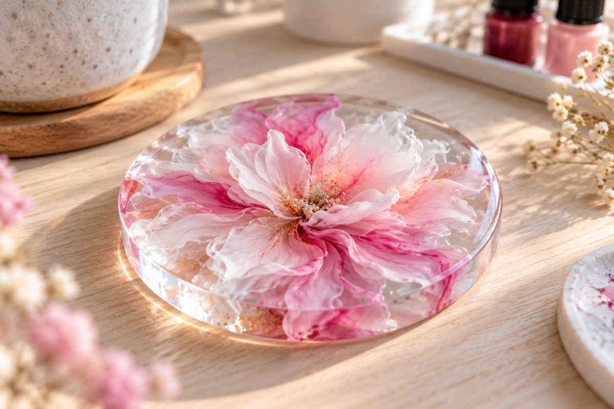 Fleur aux pétales en 3D dans un sous-verre en résine