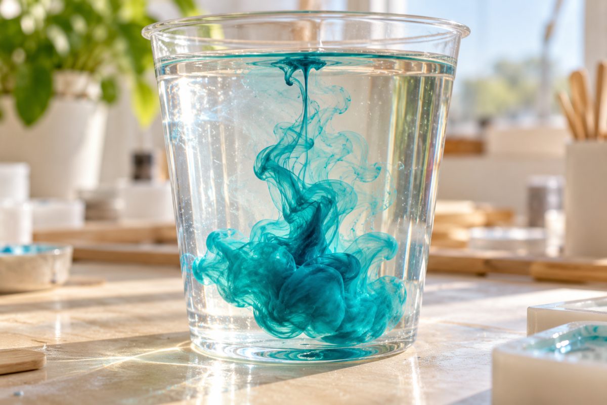 Une goutte d'encre à alcool très pigmentée dans un gobelet de résine