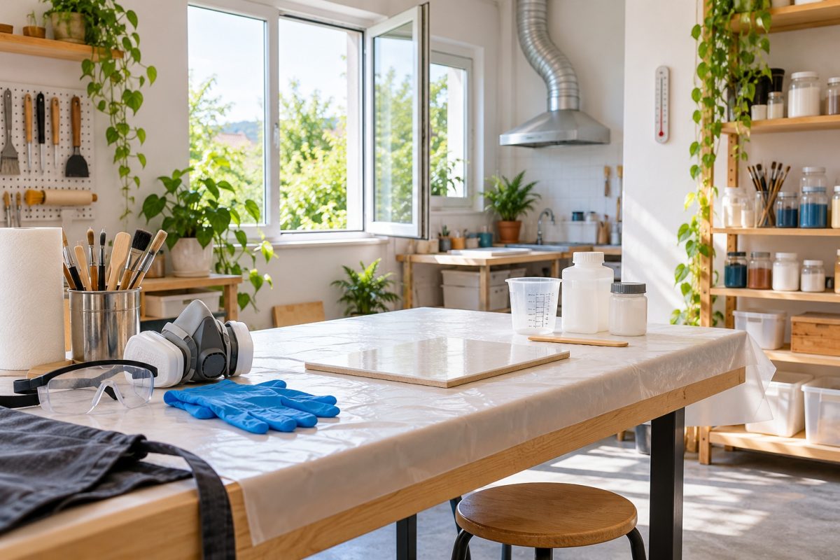 Espace de travail préparé pour la résine