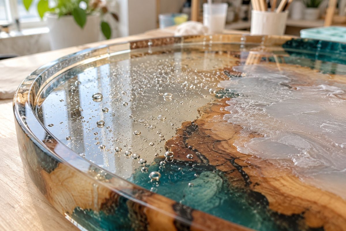 Plateau en résine avec bulles et zone collante