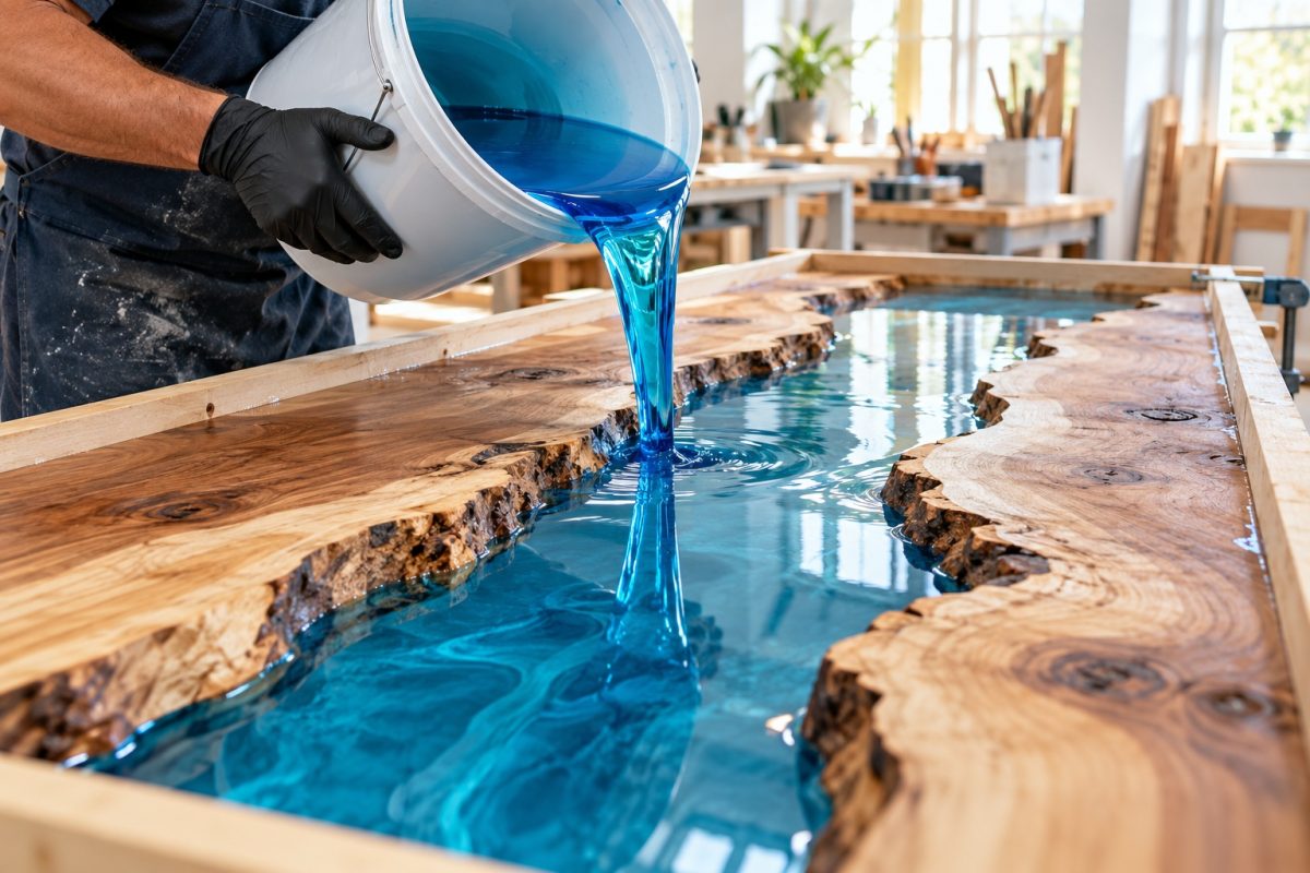 Résine de coulée épaisse versée dans un coffrage de table rivière