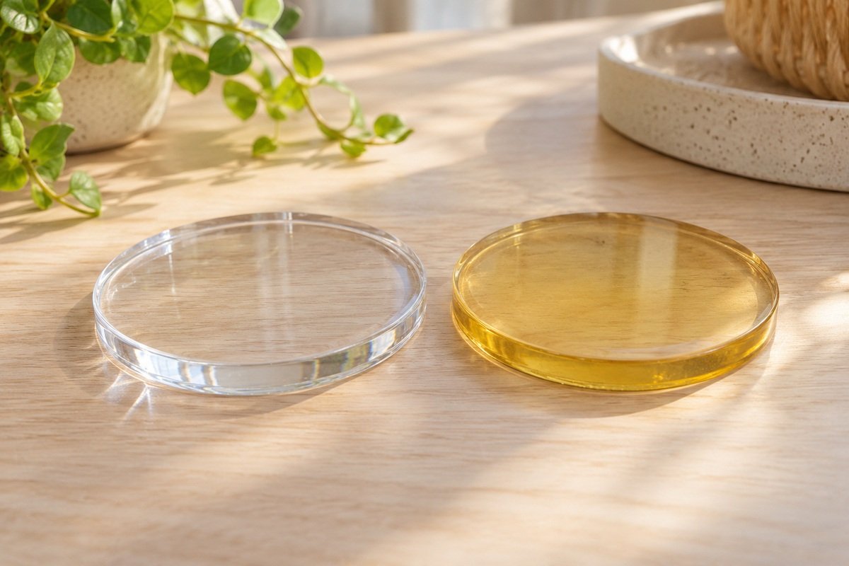 Dessous de verre en résine transparent et dessous de verre jauni
